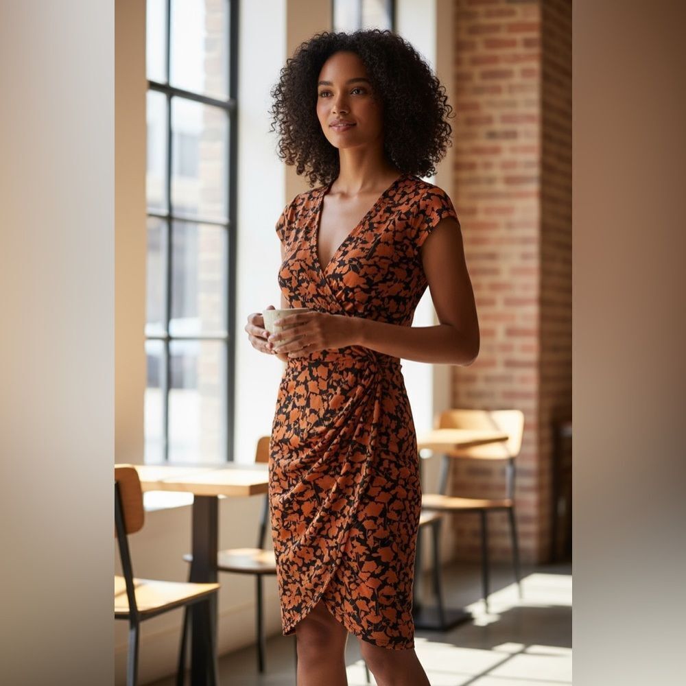 NWT Amazon Essentials Classic Cap Sleeve Fall Orange Floral Wrap Dress - Size M
